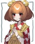  1girl absurdres apron bangs bell blunt_bangs checkered_clothes checkered_kimono commentary frills hair_bell hair_ornament highres japanese_clothes kimono long_sleeves motoori_kosuzu one-hour_drawing_challenge orange_hair red_eyes sabapi_oo short_hair solo touhou upper_body yellow_apron 