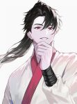  1boy black_hair chungmyung hair_between_eyes hand_up highres long_sleeves male_focus mond_sl ponytail red_eyes return_of_the_mount_hua_sect simple_background smile solo white_background 