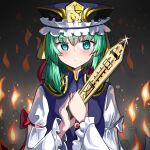  1girl asymmetrical_hair balance_scale bangs black_headwear blue_eyes bright_pupils candle closed_mouth english_commentary epaulettes fire frilled_hat frills green_hair hat highres holding long_sleeves looking_at_viewer rod_of_remorse shiki_eiki short_hair solo spam_(spamham4506) touhou upper_body weighing_scale white_pupils 