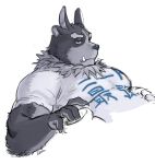 1boy animal_ears animal_nose artist_name bored ch1du commentary_request extra_ears fingernails furry furry_male grey_fur male_focus muscular muscular_male neck_fur orange_eyes plump sharp_fingernails shirt signature snout solo t-shirt thick_eyebrows tokyo_afterschool_summoners translation_request tsathoggua_(housamo) tusks two-tone_fur upper_body 