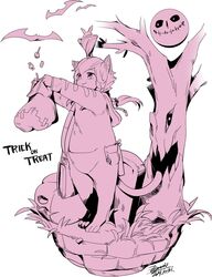  1girl animal_ears bag bat_(animal) braid candy closed_mouth dated ejami food full_body greyscale halloween hat highres long_hair monochrome original pumpkin signature solo tail tombstone tree trick_or_treat white_background 