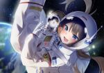  1girl :d absurdres alternate_hairstyle animal bangs blue_eyes blurry blurry_background blurry_foreground blush brown_hair cat commentary_request earth_(planet) highres holding holding_animal holding_cat hololive long_hair looking_away oozora_subaru planet smile space spacesuit star_(sky) suikario swept_bangs teeth twintails upper_teeth 