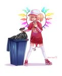  1girl adam_angel alternate_costume artist_name bag casual cup drinking drinking_straw english_commentary flandre flat_cap full_body glowing glowing_wings hat highres holding holding_bag holding_cup layered_sleeves long_sleeves multicolored_wings nike print_sweater red_eyes red_footwear red_sweater short_over_long_sleeves short_sleeves simple_background solo standing sweater thigh-highs touhou trash_bag trash_can white_background white_headwear white_thighhighs wings 