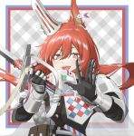  1girl :d arknights armor black_gloves bright_pupils ear_covers ear_tag earpiece fangs flametail_(arknights) floating_hair gauntlets gloves hair_between_eyes hands_up highres holding holding_sword holding_weapon kyoro_(kyoroillust) long_hair looking_at_viewer open_mouth red_eyes redhead smile solo sword upper_body weapon white_pupils 