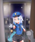  1girl bangs blue_eyes blue_hair blush door fish_tail gawr_gura gloves hat highres hololive hololive_english moral_cacoethes multicolored_hair night night_sky pencil_skirt police police_badge police_hat police_uniform policewoman shark_tail skirt sky streaked_hair tail teeth uniform virtual_youtuber white_hair 