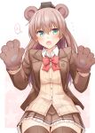  1girl animal_ears animal_hands aqua_eyes bear_ears blazer bow bowtie breasts brown_cardigan brown_hair brown_jacket brown_skirt brown_thighhighs cardigan collared_shirt fake_animal_ears frilled_skirt frills gloves hair_between_eyes jacket kantai_collection kumano_(kancolle) kumano_kai_ni_(kancolle) long_hair long_sleeves medium_breasts miniskirt paw_gloves pleated_skirt ponytail red_bow red_bowtie rui_shi_(rayze_ray) school_uniform shirt skirt solo thigh-highs white_shirt 