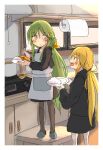  2girls absurdres apron black_pantyhose black_serafuku black_skirt blonde_hair blush crescent crescent_hair_ornament curry curry_rice food green_eyes green_hair hair_between_eyes hair_ornament highres holding holding_ladle holding_plate kantai_collection kitchen ladle long_hair multiple_girls nagatsuki_(kancolle) pantyhose plate po0000000000 rice satsuki_(kancolle) school_uniform serafuku skirt sweatdrop teeth upper_teeth white_pantyhose 