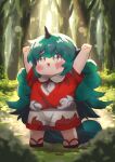  1girl cloud_print curly_hair forest full_body green_hair grey_eyes highres horns kariyushi_shirt komainu komano_aunn light_particles long_hair nature outdoors red_shirt shirt shorts single_horn solo standing touhou uchisaki_himari very_long_hair white_shorts 