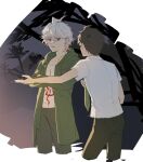  2boys ahoge anger_vein bangs brown_pants collarbone cropped_legs crossed_arms danganronpa_(series) danganronpa_2:_goodbye_despair green_jacket green_necktie grey_hair hinata_hajime hood hood_down hooded_jacket jacket komaeda_nagito looking_at_another meipoi multicolored_background multiple_boys necktie open_clothes open_jacket pants print_shirt shirt short_hair short_sleeves sweatdrop white_shirt 