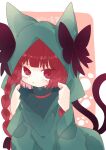  1girl :t animal_ears bow braid cat_ears coat dress eyes_visible_through_hair green_dress hands_up highres hood hood_up kaenbyou_rin looking_at_viewer multiple_tails nekomata pout red_eyes redhead roamu_65 solo tail tearing_up touhou twin_braids two_tails 