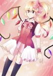  1girl adapted_costume anazoko_ganta black_socks blonde_hair closed_mouth collared_shirt dress dutch_angle feet_out_of_frame flandre_scarlet hair_between_eyes highres kneehighs long_hair multicolored_wings one_side_up orange_background orange_eyes pinafore_dress puffy_short_sleeves puffy_sleeves red_dress shiny shiny_hair shirt short_sleeves socks solo touhou white_shirt wings wrist_cuffs 