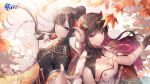  2girls absurdres azur_lane black_gloves black_hair breasts brown_hair buttons closed_mouth coat curled_horns double-breasted fingerless_gloves floating_hair flower gloves hair_flower hair_ornament haori highres horns jacket jacket_on_shoulders japanese_clothes katana large_breasts long_hair long_sleeves looking_at_viewer medium_breasts military military_uniform multiple_girls official_art oni_horns open_clothes open_coat ozzingo ponytail ryuuhou_(azur_lane) shirt standing suruga_(azur_lane) sword uniform upper_body violet_eyes weapon white_coat white_shirt wing_collar 