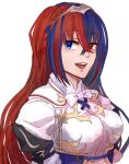  1girl alear_(fire_emblem) alear_(fire_emblem)_(female) armor blue_eyes blue_hair bow braid breasts crown_braid fire_emblem fire_emblem_engage heterochromia highres long_hair looking_at_viewer medium_breasts multicolored_hair open_mouth red_eyes redhead smile solo sturm_fe_k11 tiara upper_body white_bow 