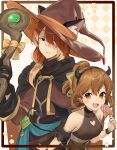  1boy 1girl animal_ears black_eyes brother_and_sister brown_eyes brown_hair candy cape cat_ears delthea_(fire_emblem) demon_tail demon_wings fake_horns fang fire_emblem fire_emblem_echoes:_shadows_of_valentia food halloween_costume haru_(nakajou-28) hat horns lollipop looking_at_viewer luthier_(fire_emblem) orange_hair robe siblings staff tail wings witch_hat 