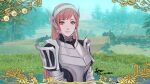 1girl armor bangs cherche_(fire_emblem) cm_lynarc day dragon_wings fire_emblem fire_emblem:_three_houses fire_emblem_awakening fire_emblem_warriors:_three_hopes flower grass hairband long_hair looking_at_viewer outdoors pink_hair red_eyes smile solo tree upper_body user_interface wings 