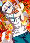  1girl alternate_costume autumn autumn_leaves black_hairband black_ribbon blue_eyes blush bow_hairband cowboy_shot dutch_angle falling_leaves forest grey_hair gym_uniform hair_ribbon hairband highres konpaku_youmu konpaku_youmu_(ghost) leaf maple_leaf nature outdoors ribbon sazanami_mio shirt short_hair short_sleeves solo stretched_limb stretching thigh_gap touhou white_shirt wide_sleeves 