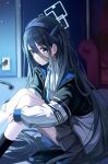  1girl arisu_(blue_archive) blue_archive blue_eyes blue_hair blurry blurry_background commentary couch dark_blue_hair door hair_between_eyes halo handheld_game_console headband highres jacket long_hair necktie school_uniform sitting smile very_long_hair watermelon_(subak_jelly) 