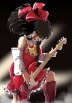  1girl black_background black_hair boots bow dress electric_guitar fog guitar hair_ornament hakurei_reimu highres instrument japanese_clothes long_hair miko music playing_instrument red_dress red_footwear sakamoto_fred solo touhou wavy_hair 