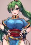 1girl bangs belt black_gloves breasts earrings facing_viewer fingerless_gloves fire_emblem fire_emblem:_the_blazing_blade gloves green_eyes green_hair high_ponytail highres hirotaka_(hrtk990203) jewelry large_breasts light_blush long_hair looking_at_viewer lyn_(fire_emblem) open_mouth parted_bangs pelvic_curtain ponytail rectangle sheath smile solo sword teeth thighs undershirt upper_body upper_teeth very_long_hair weapon
