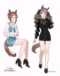  2girls alternate_costume animal_ears arm_at_side bangs black_dress black_footwear blue_dress breasts brown_footwear brown_hair clover_hair_ornament covering_mouth dress fine_motion_(umamusume) full_body gi!_(desukaru02518_u) green_eyes grey_eyes hair_ornament high_heels highres horse_ears horse_girl horse_tail invisible_chair jewelry long_hair long_sleeves looking_at_viewer multiple_girls neck_ribbon own_hands_together ribbon ring shirt short_dress short_hair simple_background sitting sleeves_past_wrists small_breasts tail tosen_jordan_(umamusume) translation_request twitter_username umamusume white_shirt 