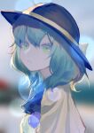  1girl absurdres ascot black_ascot blurry blurry_background bokeh depth_of_field eyebrows_hidden_by_hair green_eyes green_hair hair_between_eyes hat highres komeiji_koishi looking_away medium_hair parted_lips shirt solo third_eye touhou upper_body wb_yimo yellow_shirt 