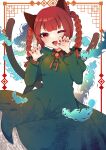  1girl absurdres animal_ears braid cat_ears cat_tail dress green_dress hair_ornament highres kaenbyou_rin long_hair long_sleeves looking_at_viewer necono_(nyu6poko) one_eye_closed open_mouth red_eyes red_nails redhead solo tail touhou twin_braids 