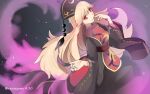  1girl black_dress blonde_hair chinese_clothes dress finger_to_mouth hat junko_(touhou) long_hair long_sleeves razuzyamu red_eyes sash smile solo tabard touhou very_long_hair wide_sleeves 