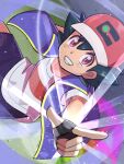  1boy ash_ketchum baseball_cap collarbone fingerless_gloves gloves glowing hat highres inana_umi looking_at_viewer male_focus pointing pokemon pokemon_(anime) pokemon_journeys red_eyes shirt smile solo teeth v-shaped_eyebrows white_shirt 