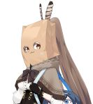  1girl :3 ahoge bag bag_over_head bangs brown_capelet brown_cloak brown_corset brown_eyes brown_hair capelet cleavage_cutout cloak clothing_cutout corset feather_hair_ornament feathers gloves hair_ornament hairclip handbag hieroglyphics hololive hololive_english long_hair looking_at_viewer mildtaste multicolored_hair nanashi_mumei objectification ouro_kronii partially_fingerless_gloves ponytail ribbon shirt shoulder_strap smile streaked_hair very_long_hair virtual_youtuber white_shirt yukkronii_(ouro_kronii) yukkuri_shiteitte_ne 