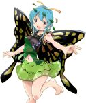  1girl absurdres bangs bare_shoulders barefoot blue_hair butterfly_wings clothing_cutout dress eternity_larva green_dress hidden_star_in_four_seasons highres leaf leaf_on_head looking_at_viewer mukuroi navel navel_cutout short_hair simple_background sleeveless sleeveless_dress solo toes touhou violet_eyes white_background wings 