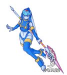  1girl android artist_name blue_eyes boots full_body gloves helmet holding holding_polearm holding_weapon leviathan_(mega_man) mega_man_(series) mega_man_zero polearm robot robot_girl simple_background spear thigh-highs thigh_boots weapon white_background white_gloves xaym2224 
