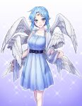  1girl angel_wings blue_dress blue_hair breasts collarbone dress elbow_gloves facial_mark feathered_wings filia_(star_ocean) forehead_jewel forehead_mark gloves highres looking_at_viewer namo short_hair smile solo sparkle star_ocean star_ocean_the_second_story wings 