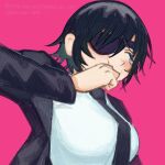  1girl bangs black_hair black_necktie blush breasts chainsaw_man closed_eyes collared_shirt eyepatch formal highres himeno_(chainsaw_man) holding_in_laughter large_breasts liowig necktie pink_background shirt short_hair simple_background solo suit suit_jacket tearing_up 