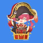  1girl ascot bicorne black_coat blue_background blush boots brown_footwear chibi closed_eyes coat commentary eyepatch fold-over_boots full_body gold_trim hand_up hat hololive houshou_marine off_shoulder open_mouth pirate red_ascot redhead rizu_(rizunm) simple_background sitting_on_chest sleeves_past_fingers sleeves_past_wrists smile solo treasure_chest twintails twitter_username virtual_youtuber waving 
