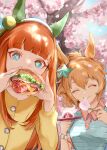  2girls ^_^ absurdres bangs breasts brown_hair burger burger_malfunction cherry_blossoms closed_eyes closed_mouth collared_shirt ear_covers food green_eyes green_shirt hair_ornament hairband highres holding holding_food ichigo_daifuku jacket long_hair moffumoto multiple_girls orange_hair outdoors plate ponytail shirt silence_suzuka_(umamusume) small_breasts smile star_(symbol) star_hair_ornament taiki_shuttle_(umamusume) tree umamusume upper_body wagashi watch watch yellow_jacket 