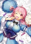 1girl blue_dress bow bowtie breasts candy dress eating food hat hat_removed headwear_removed holding holding_candy holding_food holding_lollipop kapuchii lollipop long_sleeves on_bed one_eye_closed pink_eyes pink_hair popcorn saigyouji_yuyuko short_hair solo touhou 