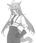  1girl ahoge alternate_costume animal_ears arm_at_side closed_mouth collared_shirt cowboy_shot earrings gloves greyscale hair_between_eyes hand_on_hip high-waist_skirt horse_ears horse_girl horse_tail iner_(shakur_mom) jewelry long_hair looking_at_viewer manhattan_cafe_(umamusume) monochrome necktie shirt single_earring skirt sleeves_rolled_up solo tail umamusume 