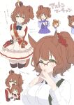  2girls :d animal_ears arms_behind_back aston_machan_(umamusume) black_bow black_thighhighs blue_shirt blue_skirt bow breasts brown_hair character_doll collared_shirt commentary_request cropped_legs crown dated doll double_v dress_shirt frilled_shirt_collar frills glasses green_eyes hands_up holding holding_doll horse_ears horse_girl horse_tail jacket koruri large_breasts long_sleeves mini_crown multiple_girls multiple_views notice_lines one_side_up peeking_out pleated_skirt puffy_long_sleeves puffy_sleeves school_uniform shirt skirt smile steepled_fingers t.m._opera_o_(umamusume) tail thigh-highs tilted_headwear tracen_school_uniform translation_request twitter_username umamusume v white_background white_bow white_jacket white_shirt 