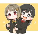  2girls =3 bangs black_eyes black_hair black_jacket blazer blush border bow bowtie brown_vest clenched_hands commentary crescent crescent_hair_ornament cropped_torso g_teall hair_ornament hairclip hands_up highres hug hug_from_behind jacket light_brown_hair long_hair long_sleeves looking_at_viewer love_live! love_live!_nijigasaki_high_school_idol_club multiple_girls nakasu_kasumi nijigasaki_academy_school_uniform open_mouth pink_eyes red_bow red_bowtie school_uniform short_hair sidelocks smile teeth upper_teeth v-shaped_eyebrows vest white_border wing_collar yellow_background yellow_bow yellow_bowtie yuri yuuki_setsuna_(love_live!) 