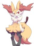  absurdres animal_ear_fluff animal_ears arm_behind_back black_fur braixen closed_mouth digitigrade fox_ears fox_tail full_body highres looking_at_viewer multicolored_fur pokemon pokemon_(creature) red_eyes red_fur red_nose shiongaze signature simple_background snout solo standing stick tail tsurime wavy_mouth white_background white_fur yellow_fur 