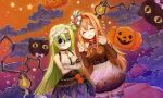  2girls alina_gray alina_gray_(halloween_ver.) bandaged_arm bandages blush bow chain choker frills green_hair hair_ornament hair_ribbon hairband halloween halloween_costume heart long_hair magia_record:_mahou_shoujo_madoka_magica_gaiden magical_girl mahou_shoujo_madoka_magica mask_over_one_eye megumi_moka multicolored_clothes multiple_girls official_alternate_costume official_art open_mouth orange_hair pumpkin ribbon sarashi sidelocks single_hair_ring skirt smile star_(symbol) 