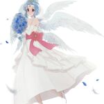  1girl angel_wings bare_shoulders blue_hair breasts bridal_gauntlets closed_mouth dress elbow_gloves facial_mark feathered_wings feathers filia_(star_ocean) flower foot_out_of_frame forehead_jewel forehead_mark gloves looking_at_viewer red_eyes rose rusinomob short_hair simple_background smile solo star_ocean star_ocean_the_second_story wedding_dress white_background wings 