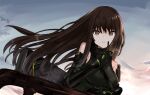  1girl bangs black_gloves breasts brown_eyes brown_hair closed_mouth day girls_frontline gloves highres long_hair looking_at_viewer m4a1_(girls&#039;_frontline) mod3_(girls&#039;_frontline) mutugorou_u outdoors sidelocks sky smile solo upper_body 