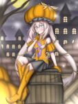  alternate_costume bare_tree barrel blue_eyes blush boots building fate/grand_order fate_(series) finger_to_mouth gloves halloween hat large_hat marie_antoinette_(fate) moon pumpkin sitting skirt suigyokun tree twintails 