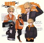  1boy alternate_costume alternate_universe animal_ears artist_name bakugou_katsuki black_headwear black_hoodie black_jacket black_mask black_pants blonde_hair boku_no_hero_academia cat_ears character_name closed_mouth commentary covered_mouth crossed_arms drawstring english_commentary english_text hands_in_pockets hat heart highres holding holding_microphone holding_phone hood hood_up hoodie jacket jewelry layered_sleeves long_sleeves looking_at_viewer male_focus mask microphone mouth_mask multiple_views orange_footwear orange_hoodie orange_shirt pants phone print_hoodie red_eyes ring rokitokkii shirt shoes short_hair signing simple_background smile spiky_hair standing white_background 