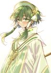  1boy bangs blush closed_mouth commentary_request green_eyes green_hair hair_between_eyes hair_tubes hairband ion_(tales) looking_at_viewer male_focus robe short_hair_with_long_locks sidelocks signature simple_background smile solo sugano_manami tales_of_(series) tales_of_the_abyss upper_body white_background white_robe 