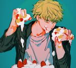  1boy blonde_hair cake chainsaw_man denji_(chainsaw_man) food food_on_face food_on_hand fruit green_background highres icing jacket looking_at_food looking_at_object looking_at_viewer messy pecopecosupipi sharp_teeth shirt short_hair simple_background smile solo spiky_hair strawberry strawberry_shortcake teeth white_shirt yellow_eyes 