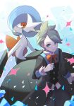  1boy alternate_color bangs black_shorts blue_eyes bow bowtie buttons closed_mouth commentary_request gardevoir green_hair hand_up highres long_sleeves male_focus mega_gardevoir mega_pokemon official_alternate_costume orange_bow orange_bowtie pokemon pokemon_(game) pokemon_masters_ex shiny_pokemon short_hair shorts split_mouth ssn_(sasa8u9r) wally_(pokemon) 