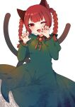  1girl ;d absurdres animal_ears black_bow blush bow braid cat_ears claw_pose commentary dress fang flame-tipped_tail flat_color green_dress highres kaenbyou_rin long_sleeves nail_polish necono_(nyu6poko) nekomata one_eye_closed red_eyes red_nails redhead sketch skin_fang smile solo tail touhou twin_braids 