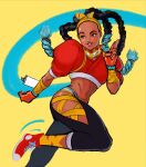  1girl absurdres aqua_hair arm_wrap bow_hairband brown_eyes brown_lips colored_tips converse cropped_jacket dark-skinned_female dark_skin english_commentary forehead gloves hairband highres hip_vent jacket jed_(jedzem) kimberly_(street_fighter) long_hair midriff multicolored_hair navel puffy_short_sleeves puffy_sleeves quad_braids red_gloves red_jacket running salute shoes short_sleeves smartwatch sneakers solo spray_can street_fighter street_fighter_6 thick_eyebrows toned two-finger_salute very_dark_skin watch watch yellow_background yellow_hairband 